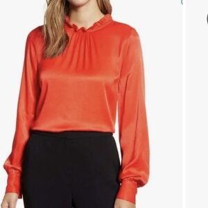 Rachel Parcell Top Red Sunrise Ruffle Neck Long Sleeve Size Small NWT